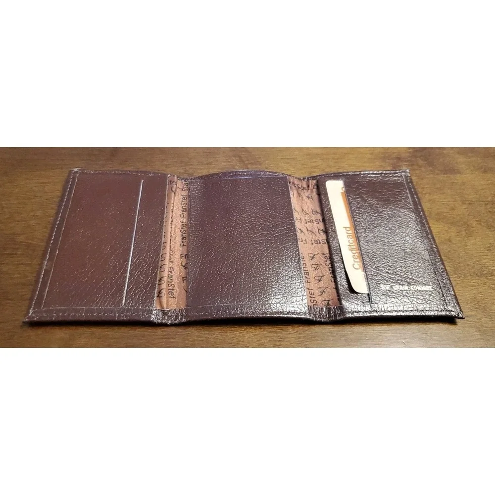 Fran Stef Top Grain Leather Wallet Tri-Fold Dark‎ Brown Thin Mens Wallet